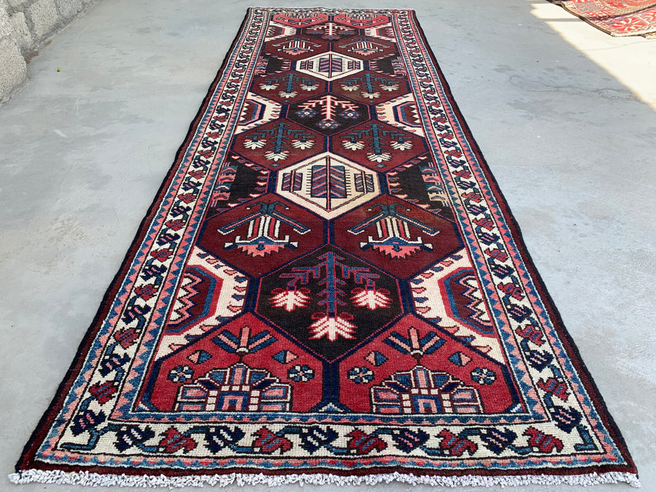 9'10 x 3'5 Hand-Knotted Persian Wool Runner - Tribal Hexagon Design in Brown, Red & Ivory - KBHM-873