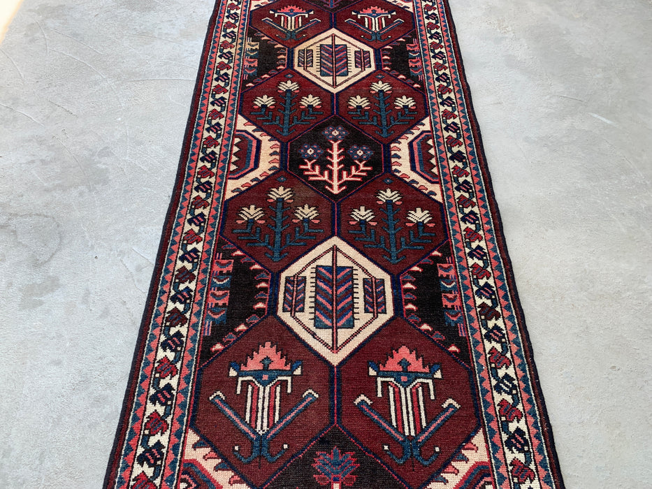 9'10 x 3'5 Hand-Knotted Persian Wool Runner - Tribal Hexagon Design in Brown, Red & Ivory - KBHM-873