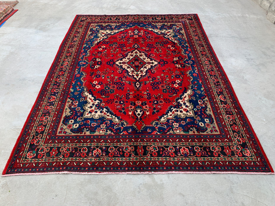 11'10 x 8'8 Hand-Knotted Persian Wool Rug - Red Floral Medallion Design with Blue Border - KBHM-877