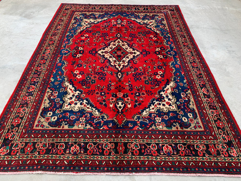11'10 x 8'8 Hand-Knotted Persian Wool Rug - Red Floral Medallion Design with Blue Border - KBHM-877