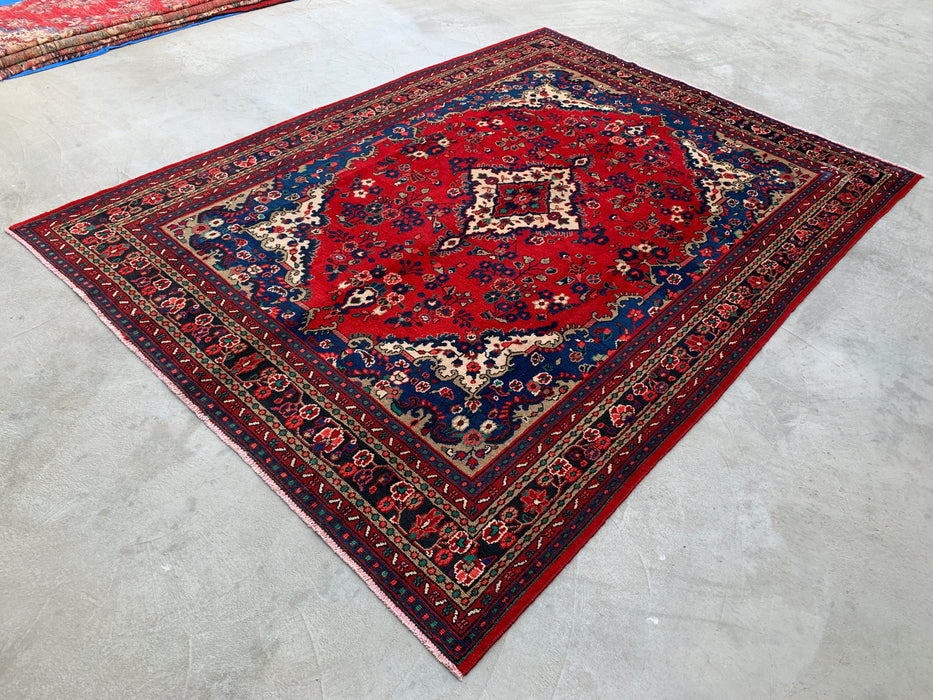 11'10 x 8'8 Hand-Knotted Persian Wool Rug - Red Floral Medallion Design with Blue Border - KBHM-877