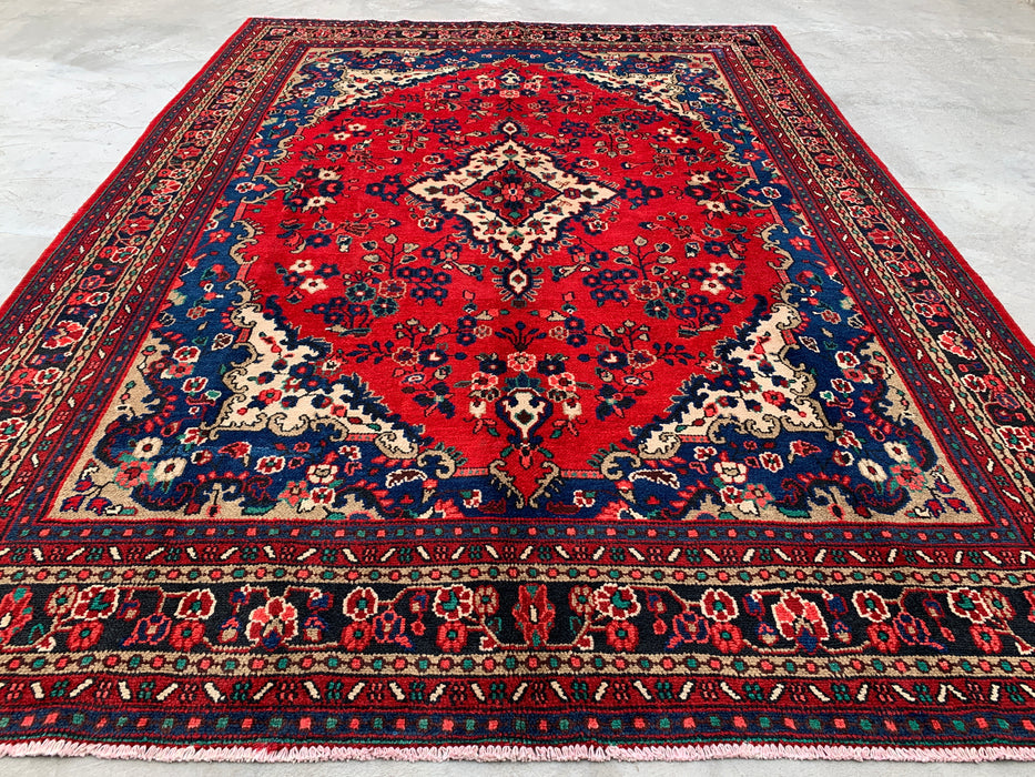 11'10 x 8'8 Hand-Knotted Persian Wool Rug - Red Floral Medallion Design with Blue Border - KBHM-877