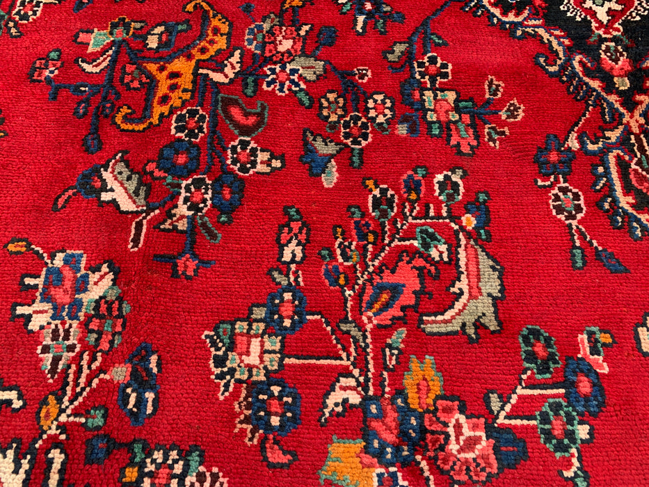 11'2 x 8'3 Hand-Knotted Persian Wool Rug - Red Floral Medallion Design with Blue Corner Accents - KBHM-878