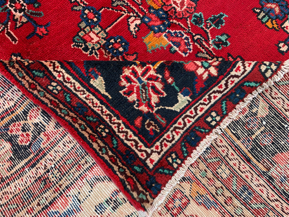 11'2 x 8'3 Hand-Knotted Persian Wool Rug - Red Floral Medallion Design with Blue Corner Accents - KBHM-878