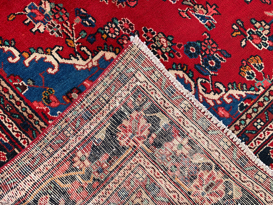 11'2 x 8'3 Hand-Knotted Persian Wool Rug - Red Floral Medallion Design with Blue Corner Accents - KBHM-878