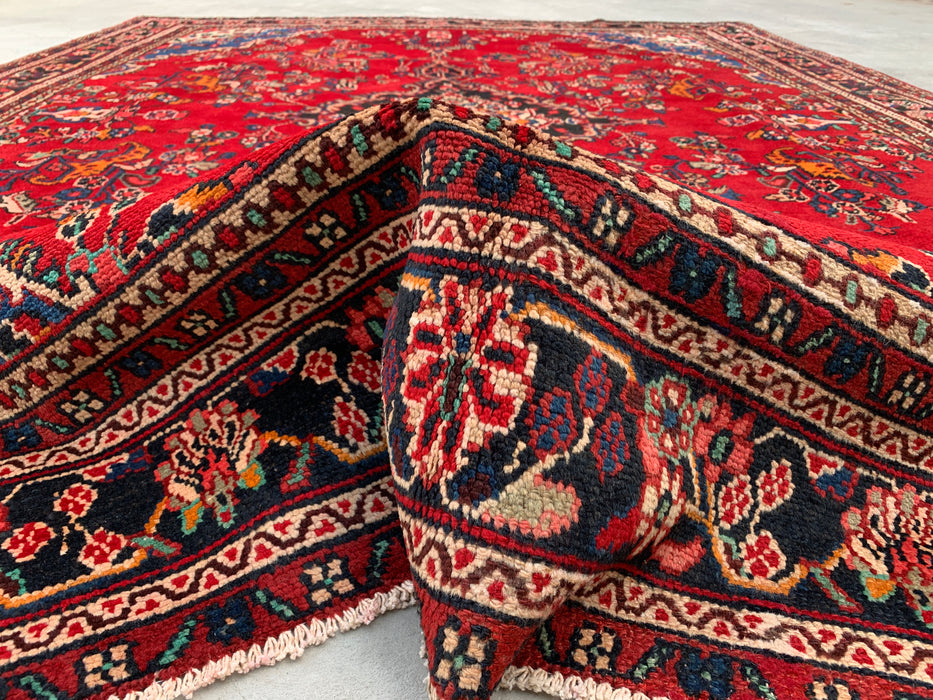 11'2 x 8'3 Hand-Knotted Persian Wool Rug - Red Floral Medallion Design with Blue Corner Accents - KBHM-878