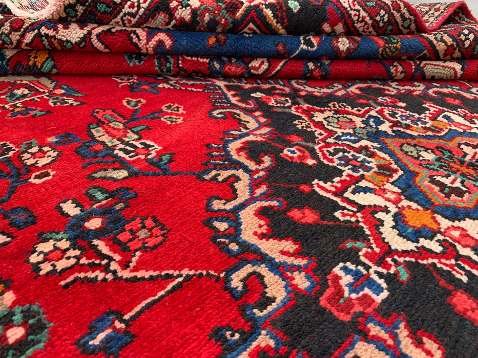 11'2 x 8'3 Hand-Knotted Persian Wool Rug - Red Floral Medallion Design with Blue Corner Accents - KBHM-878