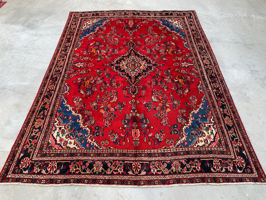 11'2 x 8'3 Hand-Knotted Persian Wool Rug - Red Floral Medallion Design with Blue Corner Accents - KBHM-878