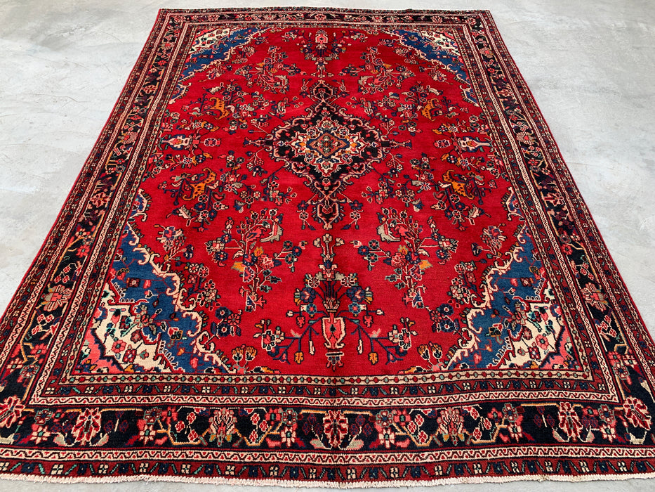 11'2 x 8'3 Hand-Knotted Persian Wool Rug - Red Floral Medallion Design with Blue Corner Accents - KBHM-878