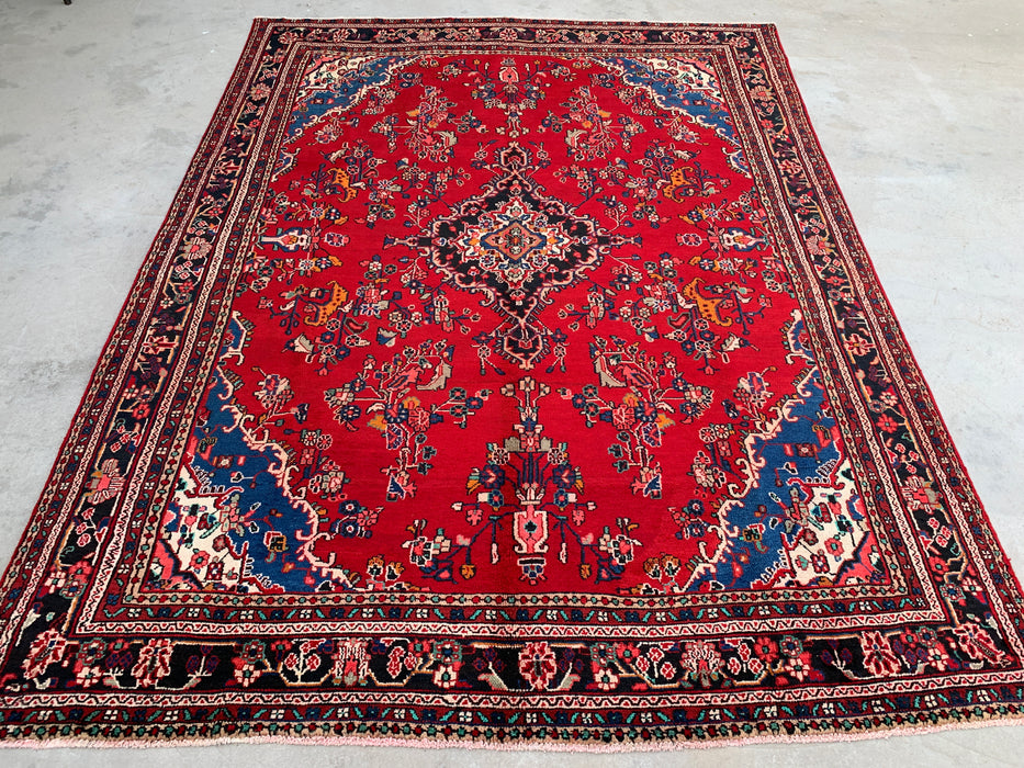 11'2 x 8'3 Hand-Knotted Persian Wool Rug - Red Floral Medallion Design with Blue Corner Accents - KBHM-878