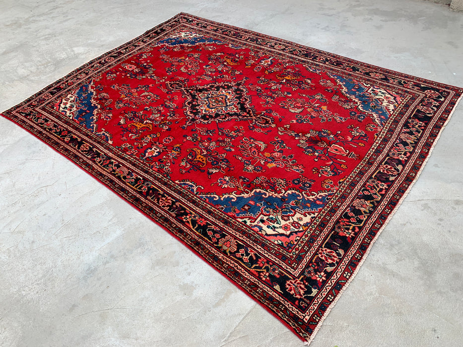 11'2 x 8'3 Hand-Knotted Persian Wool Rug - Red Floral Medallion Design with Blue Corner Accents - KBHM-878