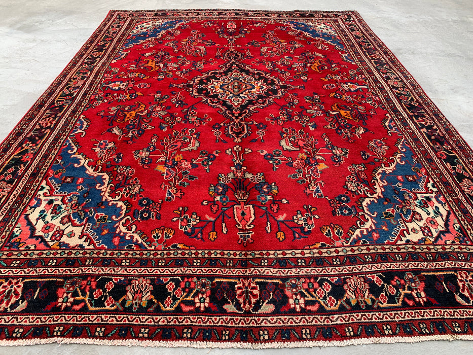 11'2 x 8'3 Hand-Knotted Persian Wool Rug - Red Floral Medallion Design with Blue Corner Accents - KBHM-878