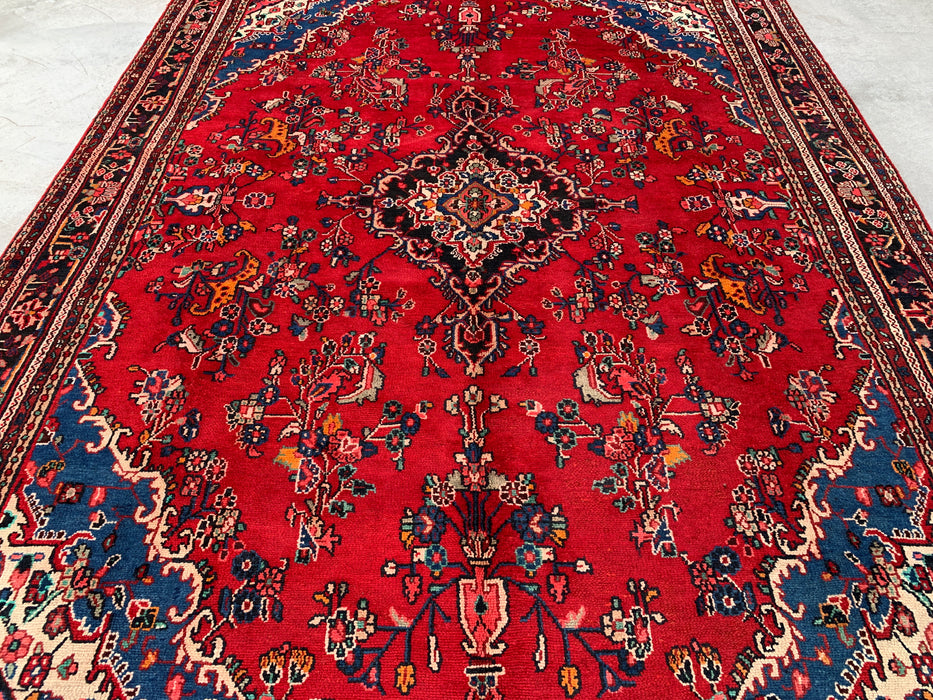 11'2 x 8'3 Hand-Knotted Persian Wool Rug - Red Floral Medallion Design with Blue Corner Accents - KBHM-878