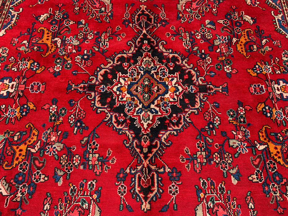 11'2 x 8'3 Hand-Knotted Persian Wool Rug - Red Floral Medallion Design with Blue Corner Accents - KBHM-878