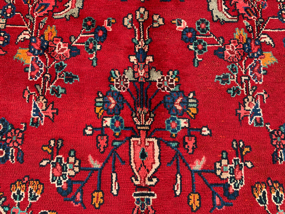 11'2 x 8'3 Hand-Knotted Persian Wool Rug - Red Floral Medallion Design with Blue Corner Accents - KBHM-878