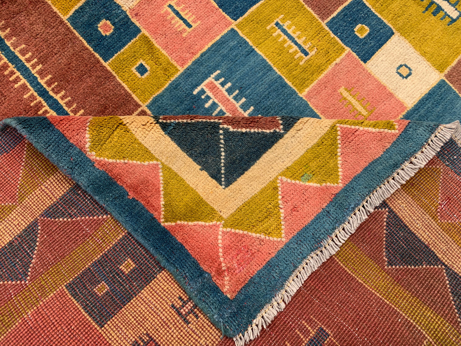 12'9 x 10'2 Hand-Knotted Persian Wool Rug - Colorful Geometric Block Design - KBHM-879