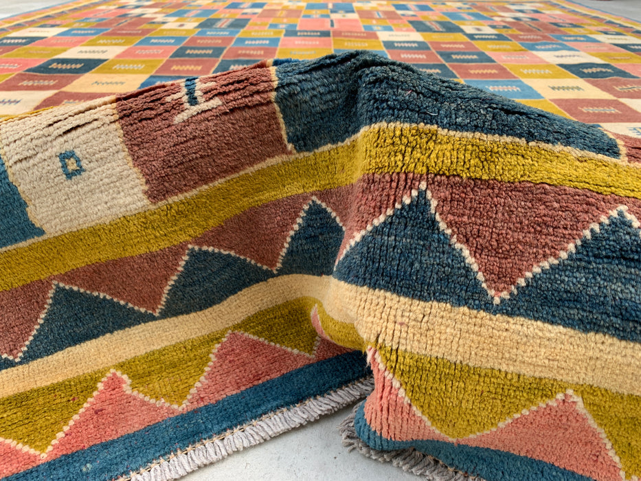 12'9 x 10'2 Hand-Knotted Persian Wool Rug - Colorful Geometric Block Design - KBHM-879