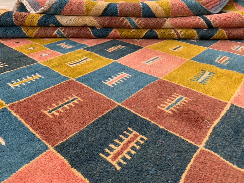 12'9 x 10'2 Hand-Knotted Persian Wool Rug - Colorful Geometric Block Design - KBHM-879