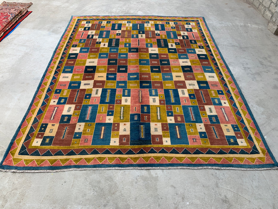 12'9 x 10'2 Hand-Knotted Persian Wool Rug - Colorful Geometric Block Design - KBHM-879