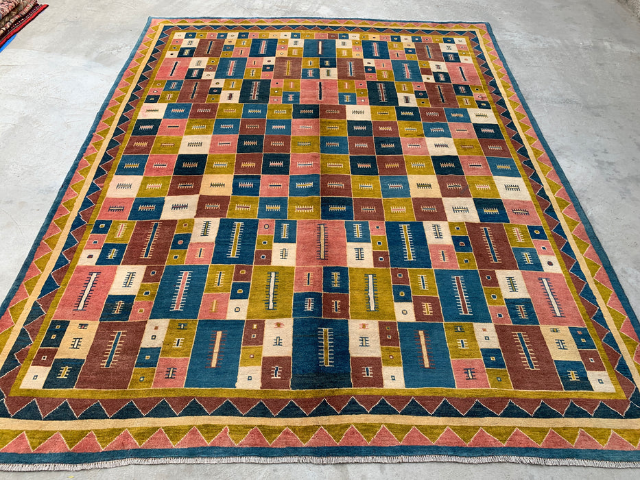 12'9 x 10'2 Hand-Knotted Persian Wool Rug - Colorful Geometric Block Design - KBHM-879