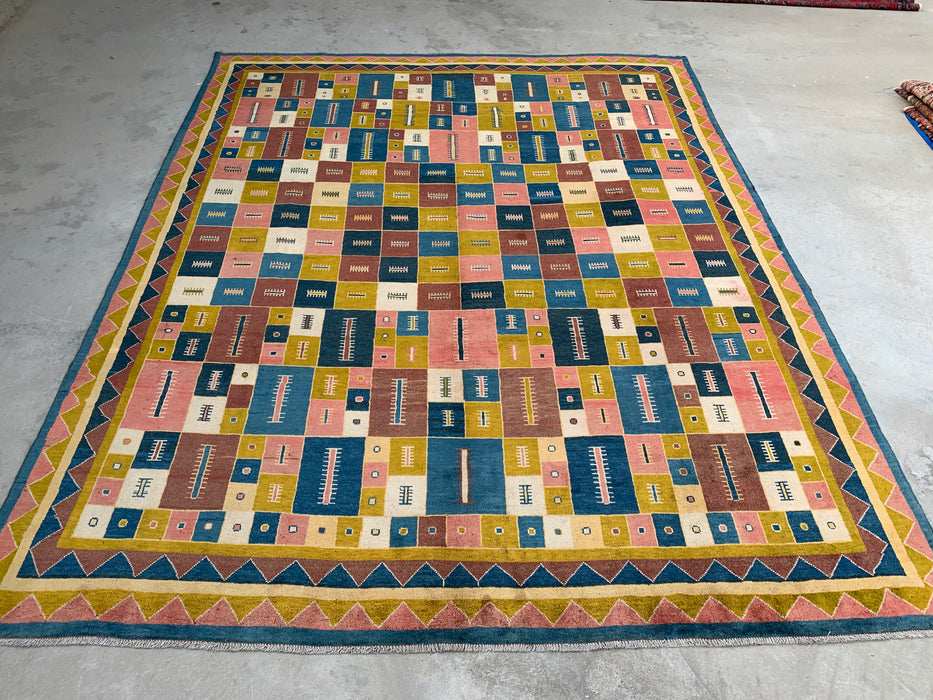 12'9 x 10'2 Hand-Knotted Persian Wool Rug - Colorful Geometric Block Design - KBHM-879