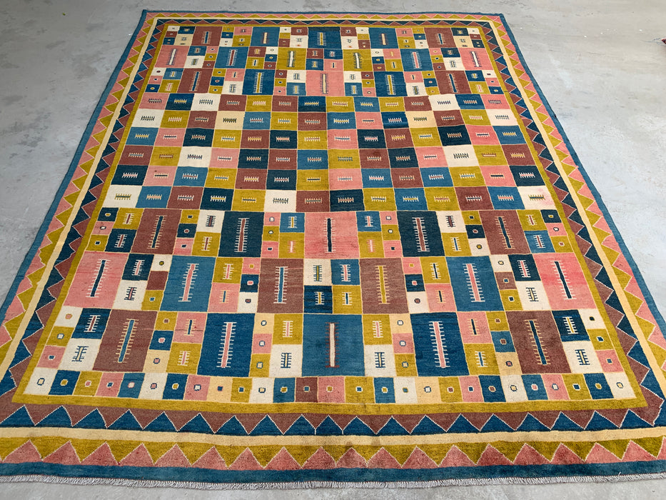 12'9 x 10'2 Hand-Knotted Persian Wool Rug - Colorful Geometric Block Design - KBHM-879