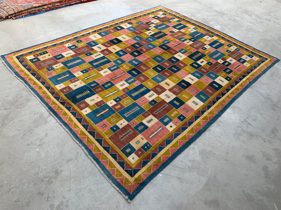 12'9 x 10'2 Hand-Knotted Persian Wool Rug - Colorful Geometric Block Design - KBHM-879