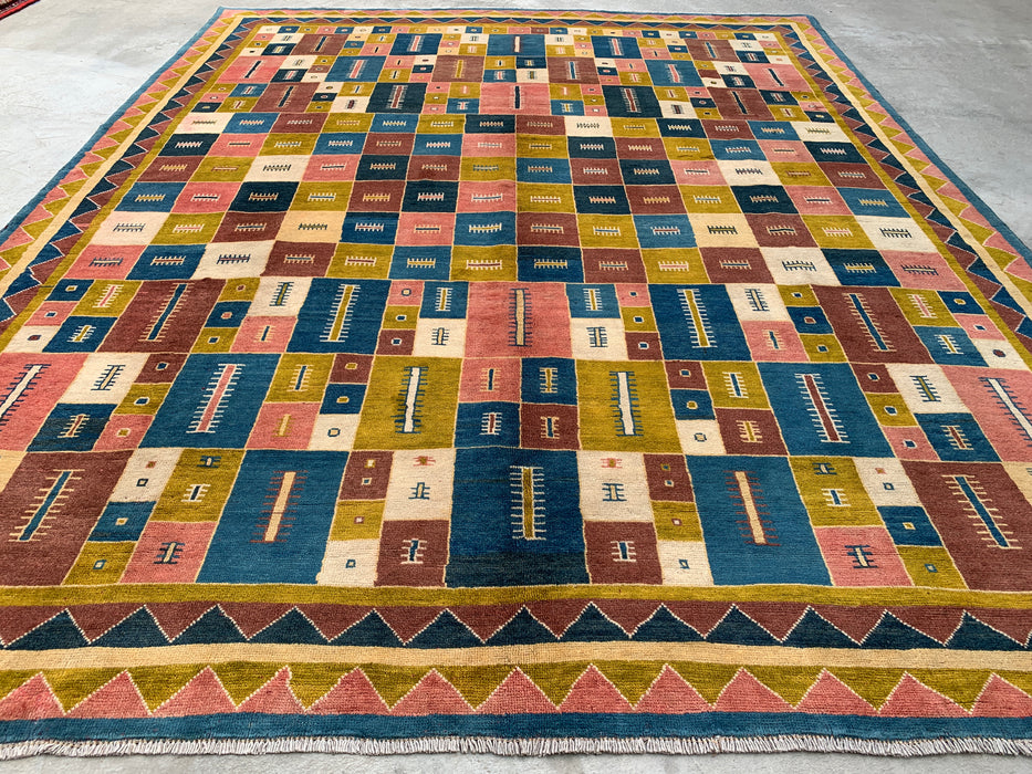 12'9 x 10'2 Hand-Knotted Persian Wool Rug - Colorful Geometric Block Design - KBHM-879