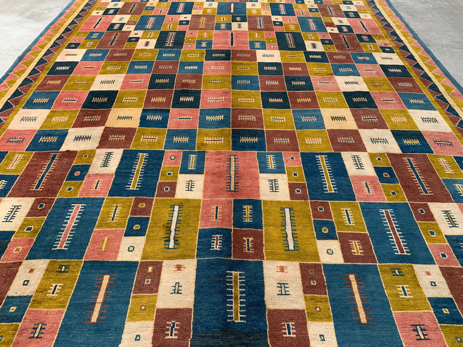 12'9 x 10'2 Hand-Knotted Persian Wool Rug - Colorful Geometric Block Design - KBHM-879
