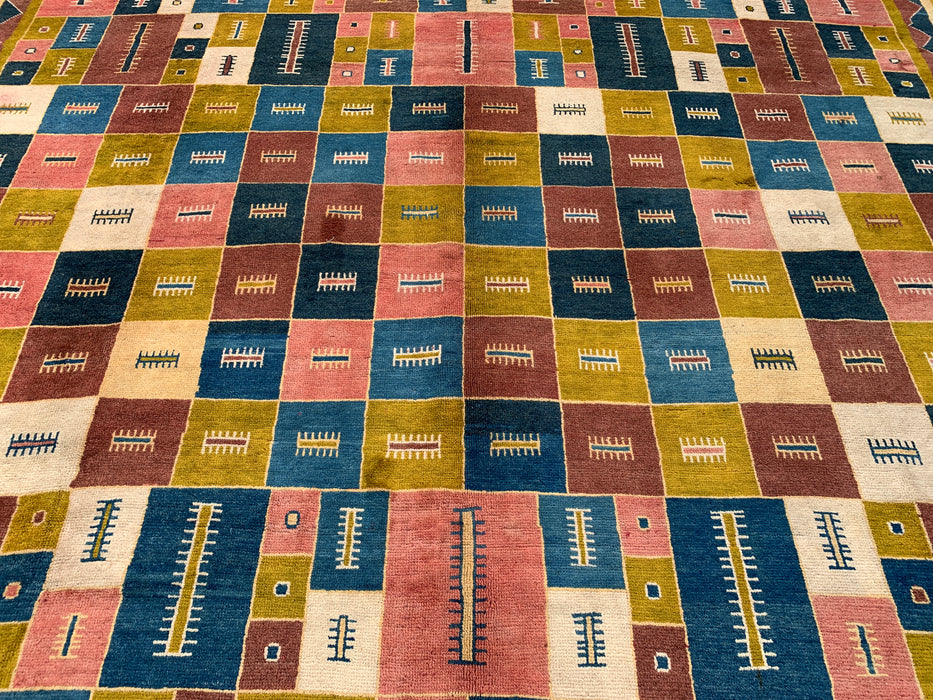 12'9 x 10'2 Hand-Knotted Persian Wool Rug - Colorful Geometric Block Design - KBHM-879