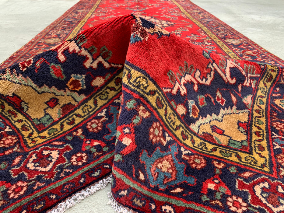 9'6 x 3'9 Hand-Knotted Persian Wool Runner - Red Floral Medallion Design with Navy Border - KBHM-880