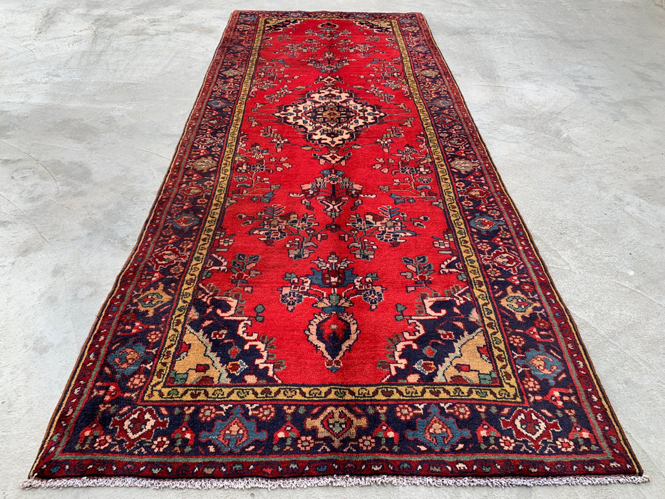 9'6 x 3'9 Hand-Knotted Persian Wool Runner - Red Floral Medallion Design with Navy Border - KBHM-880