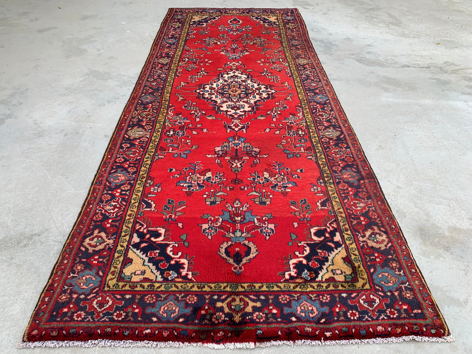 9'6 x 3'9 Hand-Knotted Persian Wool Runner - Red Floral Medallion Design with Navy Border - KBHM-880