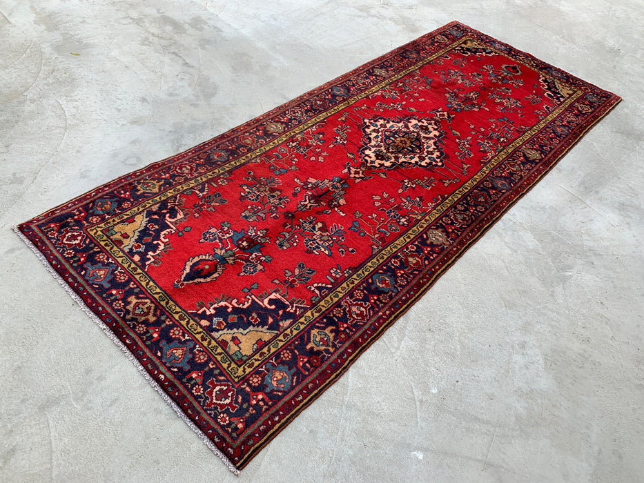 9'6 x 3'9 Hand-Knotted Persian Wool Runner - Red Floral Medallion Design with Navy Border - KBHM-880