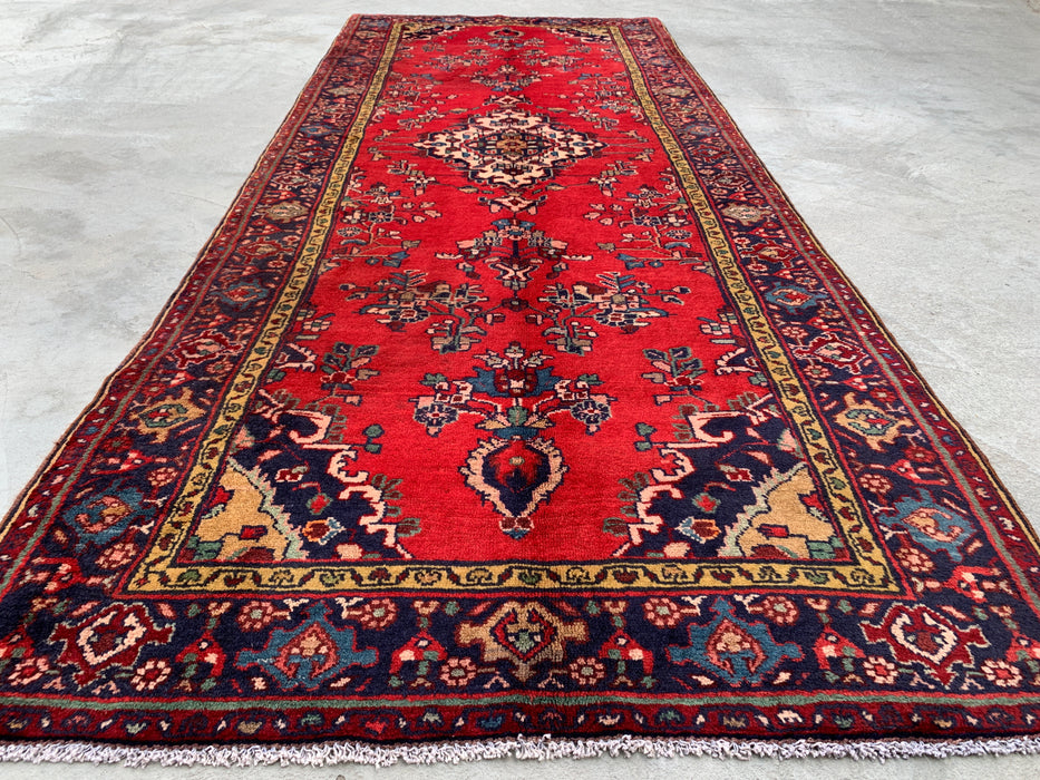 9'6 x 3'9 Hand-Knotted Persian Wool Runner - Red Floral Medallion Design with Navy Border - KBHM-880