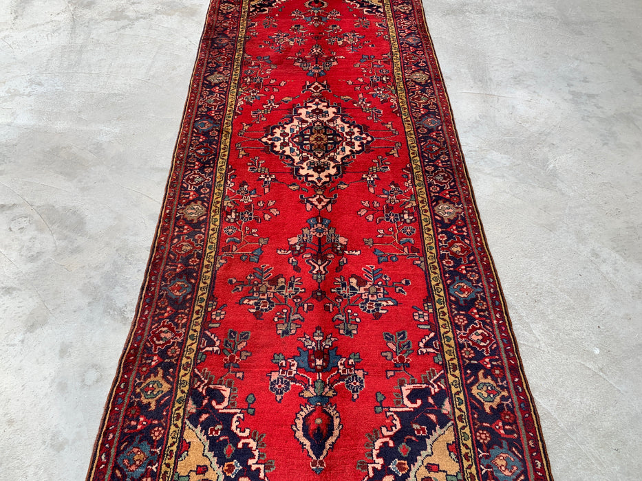 9'6 x 3'9 Hand-Knotted Persian Wool Runner - Red Floral Medallion Design with Navy Border - KBHM-880