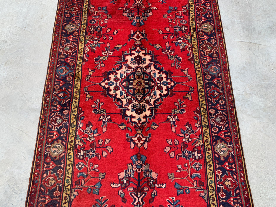 9'6 x 3'9 Hand-Knotted Persian Wool Runner - Red Floral Medallion Design with Navy Border - KBHM-880