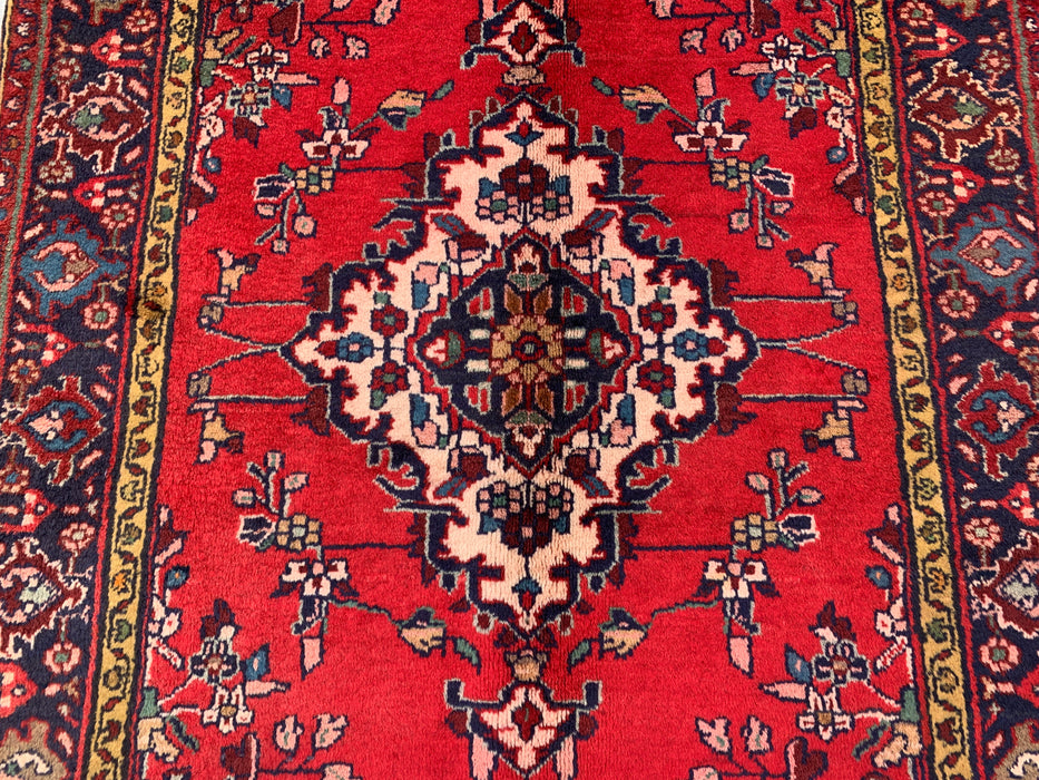 9'6 x 3'9 Hand-Knotted Persian Wool Runner - Red Floral Medallion Design with Navy Border - KBHM-880