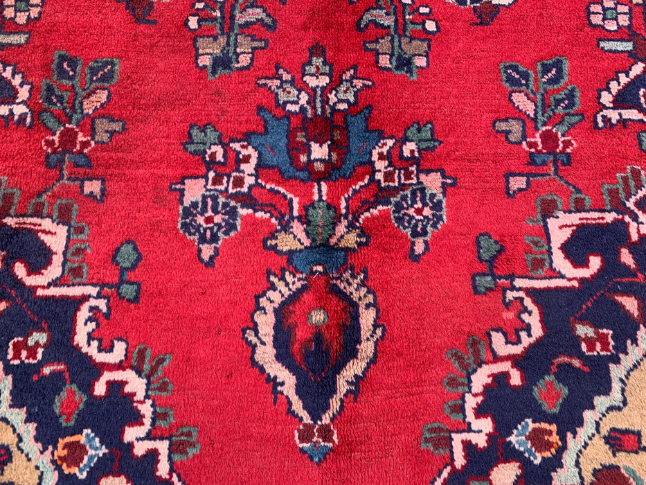 9'6 x 3'9 Hand-Knotted Persian Wool Runner - Red Floral Medallion Design with Navy Border - KBHM-880