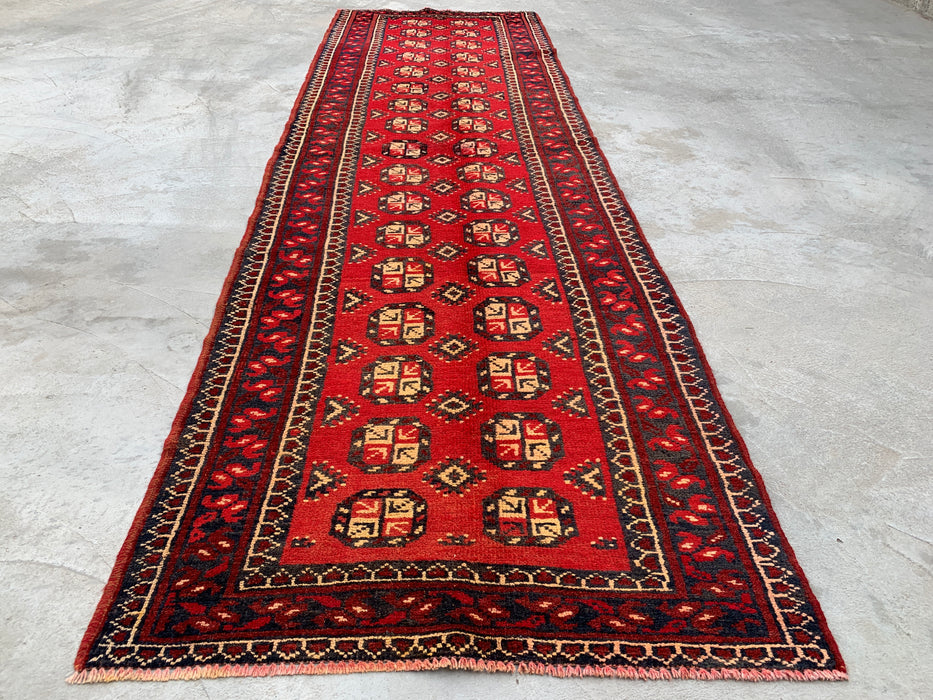 11'11 x 3'8 Hand-Knotted Persian Wool Runner - Red Geometric Tribal Motif Design - KBHM-881