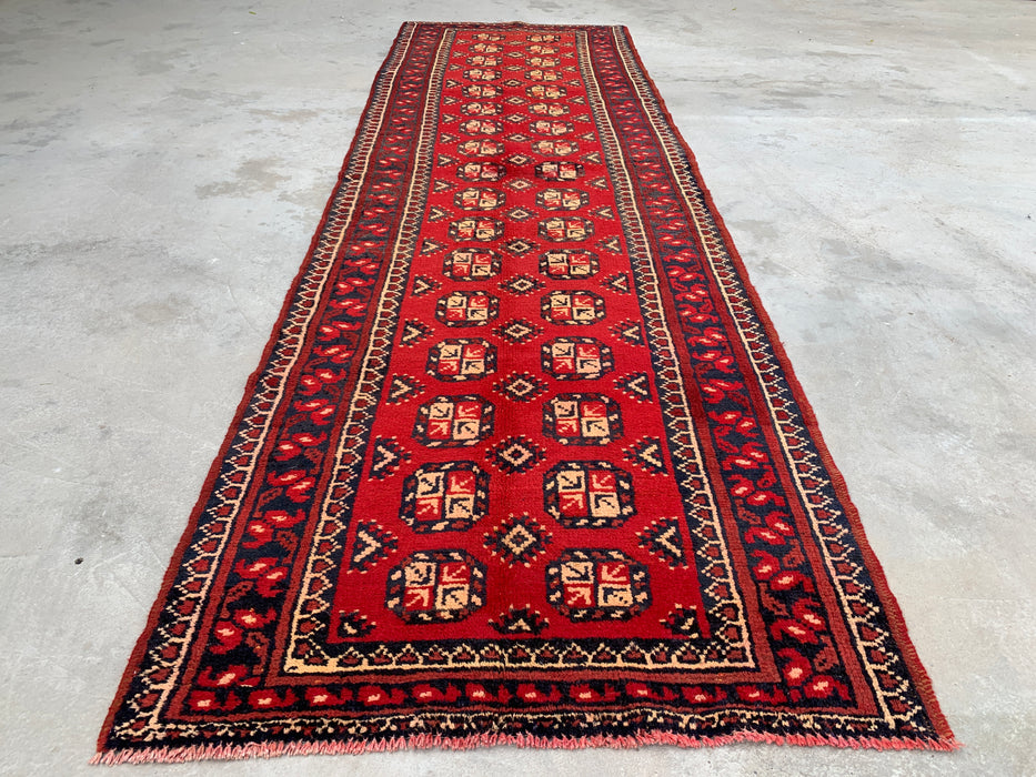 11'11 x 3'8 Hand-Knotted Persian Wool Runner - Red Geometric Tribal Motif Design - KBHM-881