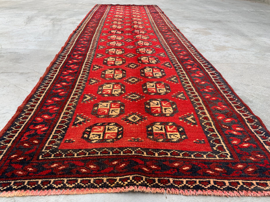 11'11 x 3'8 Hand-Knotted Persian Wool Runner - Red Geometric Tribal Motif Design - KBHM-881