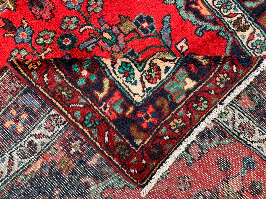 10'3 x 3'8 Hand-Knotted Persian Wool Runner - Red Floral Medallion Design with Navy Border - KBHM-882