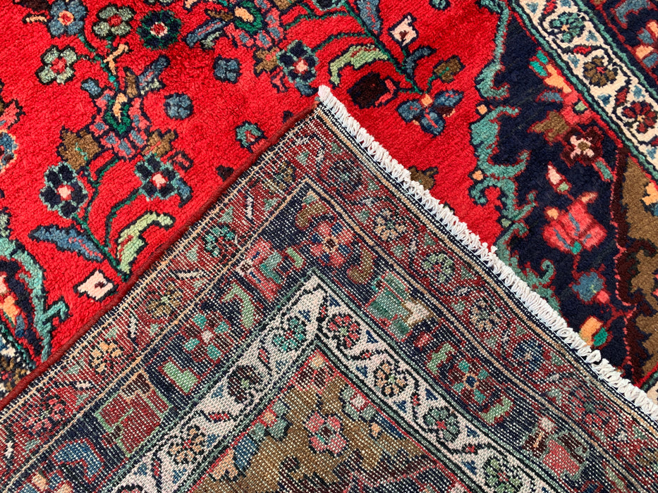 10'3 x 3'8 Hand-Knotted Persian Wool Runner - Red Floral Medallion Design with Navy Border - KBHM-882