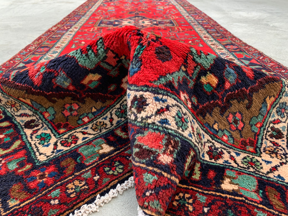 10'3 x 3'8 Hand-Knotted Persian Wool Runner - Red Floral Medallion Design with Navy Border - KBHM-882