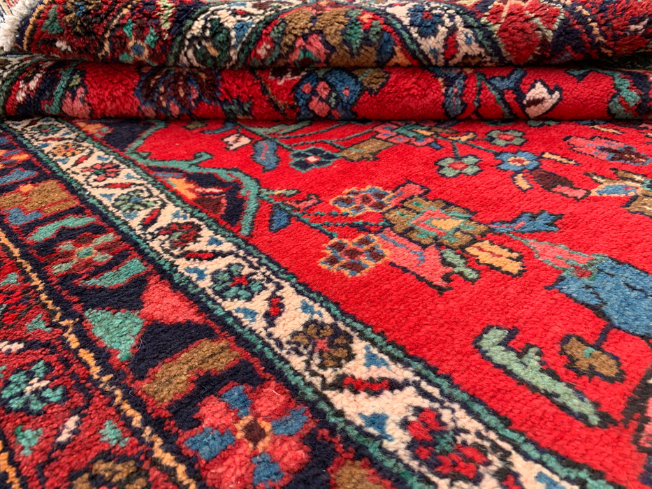 10'3 x 3'8 Hand-Knotted Persian Wool Runner - Red Floral Medallion Design with Navy Border - KBHM-882
