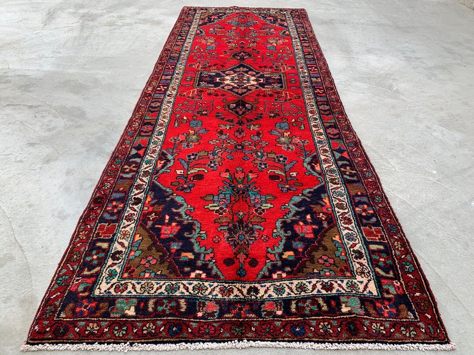 10'3 x 3'8 Hand-Knotted Persian Wool Runner - Red Floral Medallion Design with Navy Border - KBHM-882