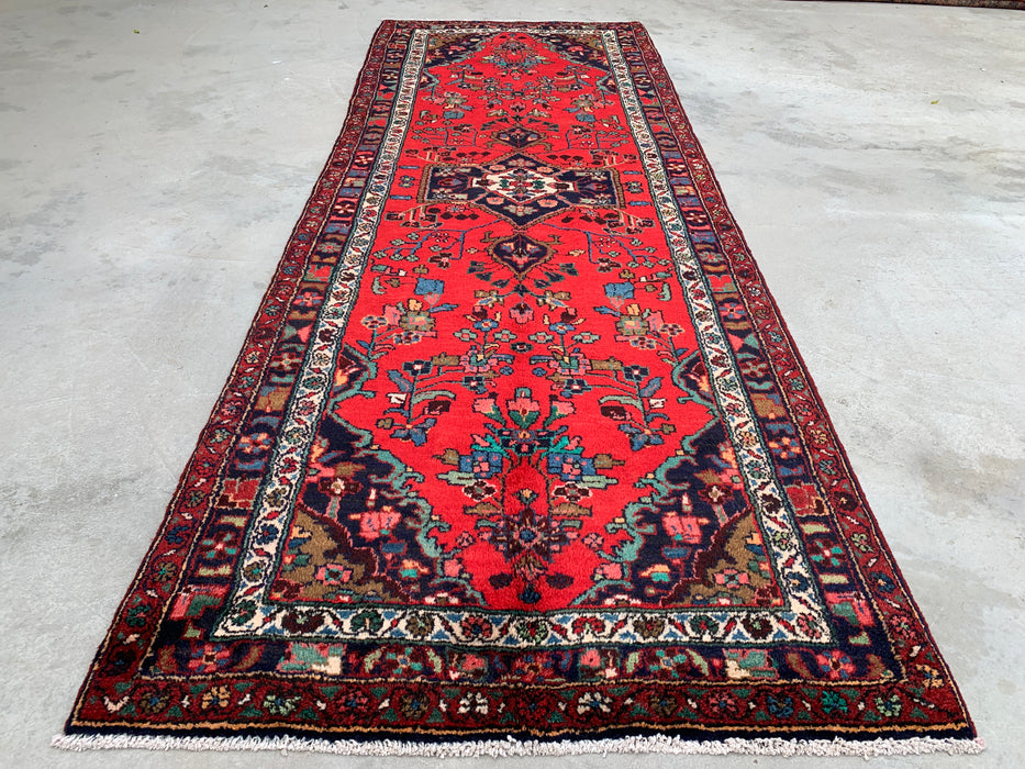 10'3 x 3'8 Hand-Knotted Persian Wool Runner - Red Floral Medallion Design with Navy Border - KBHM-882