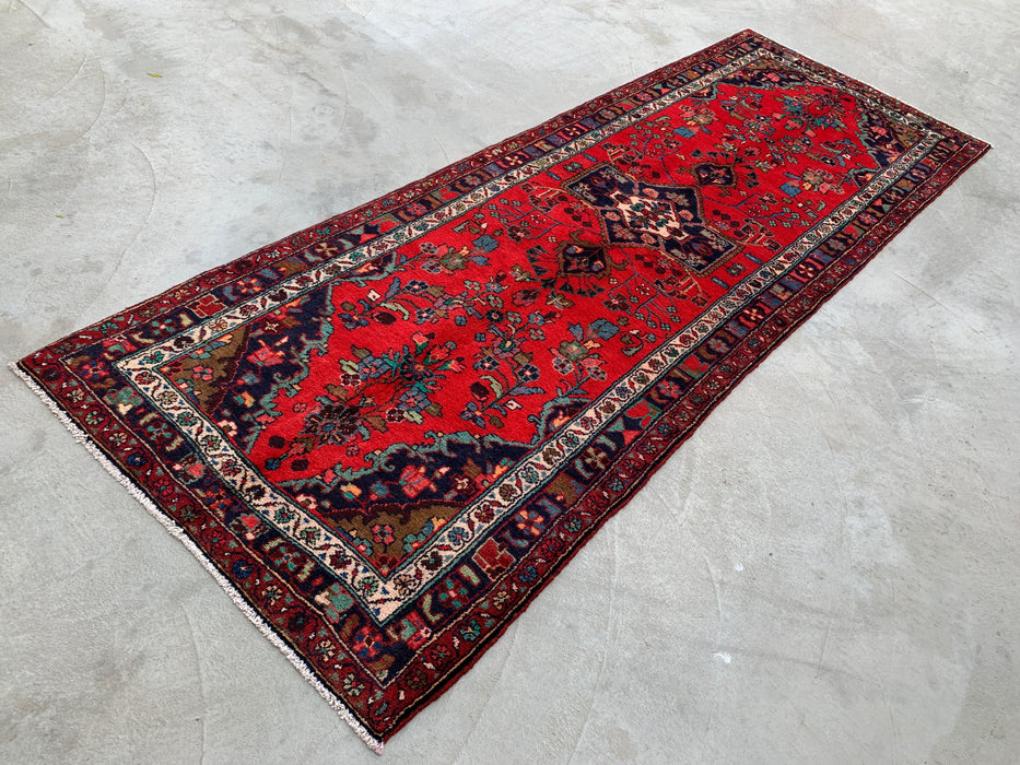 10'3 x 3'8 Hand-Knotted Persian Wool Runner - Red Floral Medallion Design with Navy Border - KBHM-882
