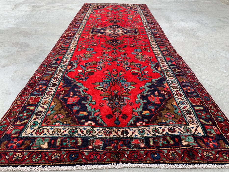 10'3 x 3'8 Hand-Knotted Persian Wool Runner - Red Floral Medallion Design with Navy Border - KBHM-882